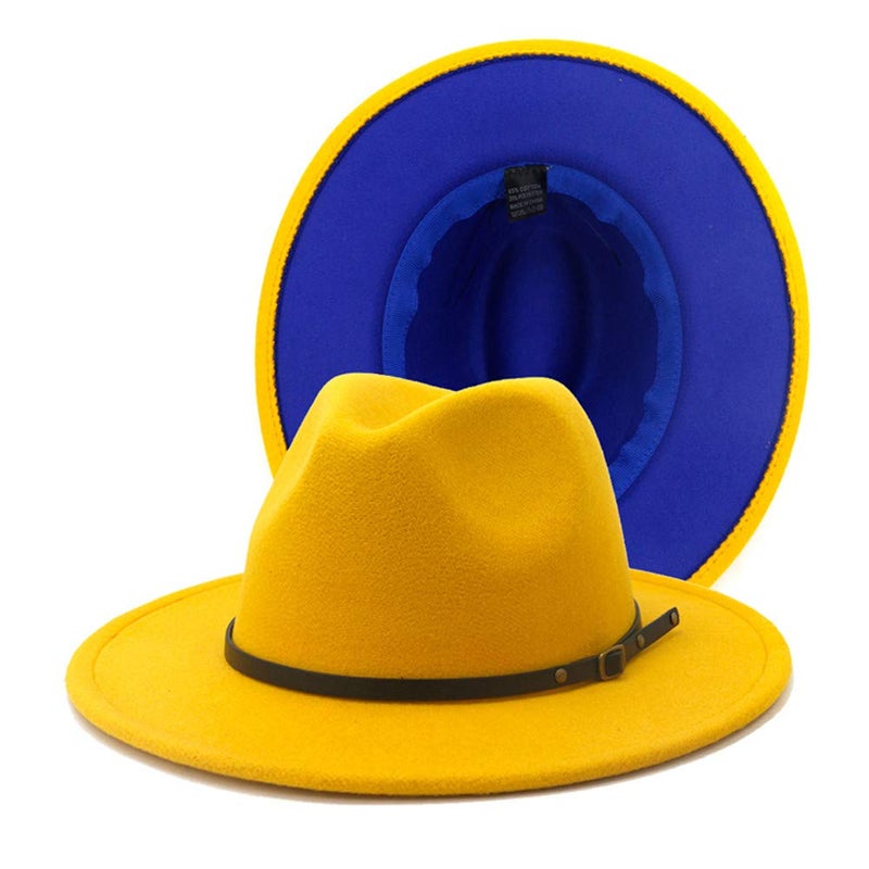 Gossifan Womens Wide Brim Panama Hat Patchwork Colors Classic Buckle Fedora Yellow/Royal Blue - Image 1